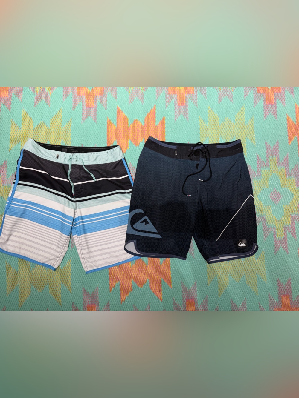 Quiksilver Men’s Aqua, Light Blue and Navy Stripe + Solid Navy Board Shorts Set
